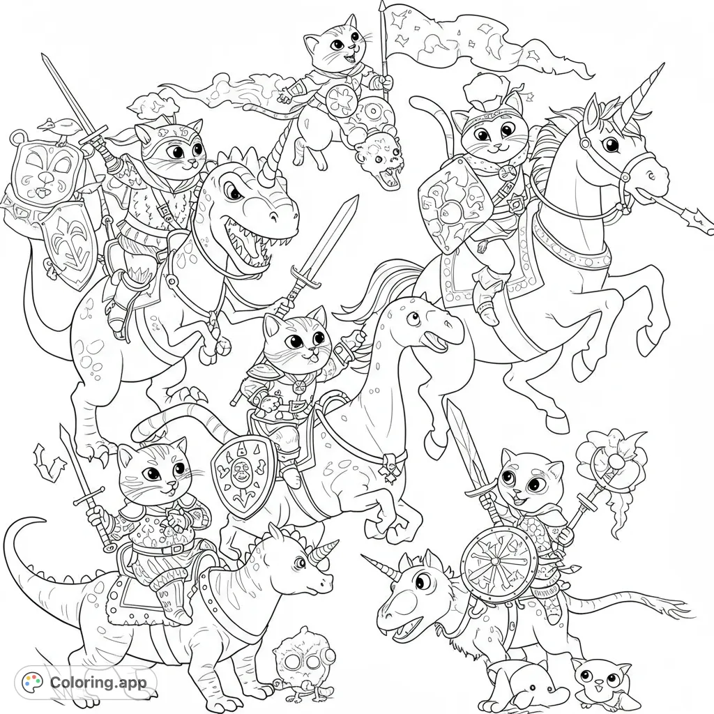 Epic cat knights on dinosaurs and unicorns, ready for adventure! A fun, detailed fantasy scene for all ages. Free printable coloring page.