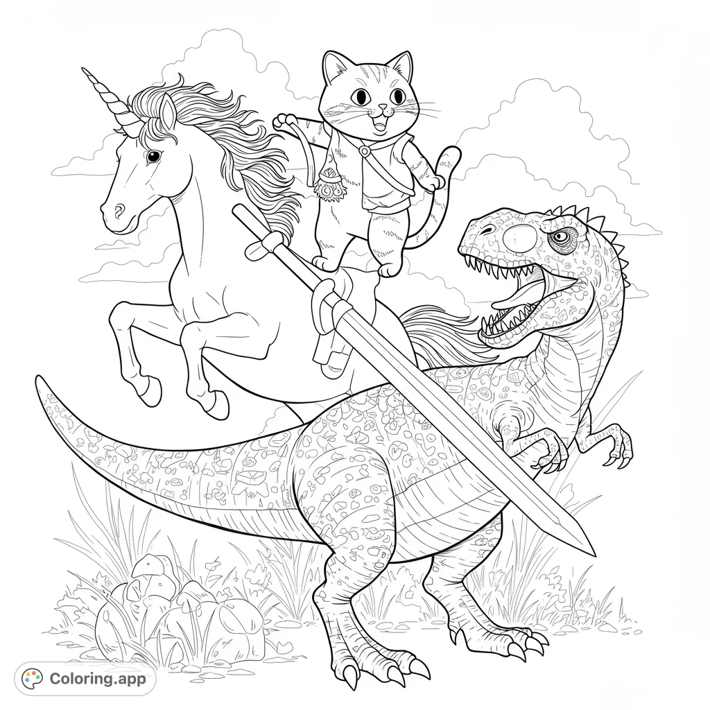 Join a brave cat on a unicorn, sword in paw, facing a roaring T-Rex! A whimsical adventure free printable coloring page for all ages.