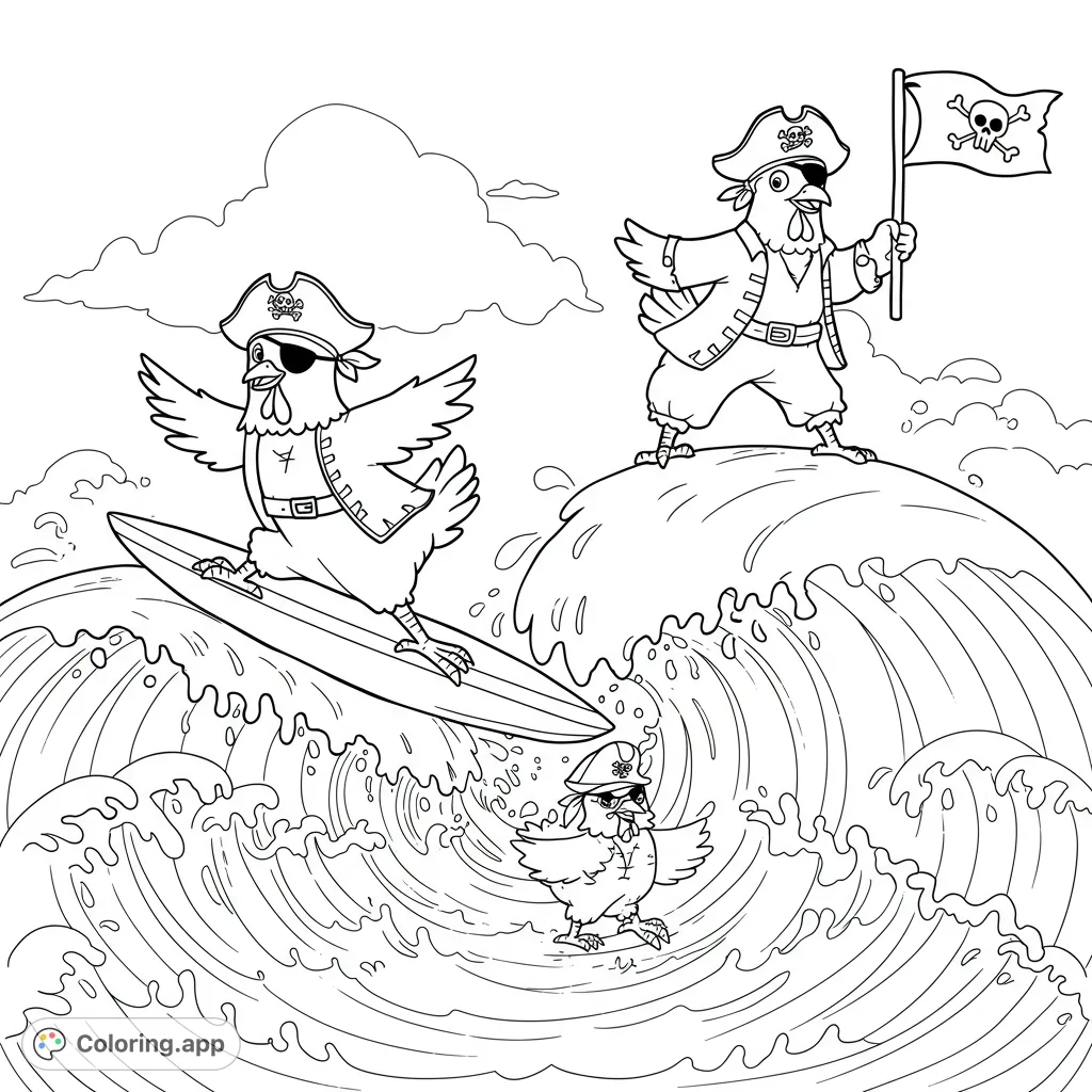 Hilarious pirate chickens ride epic ocean waves! One surfs, one flags, one splashes. A fun, free printable coloring page for all ages.