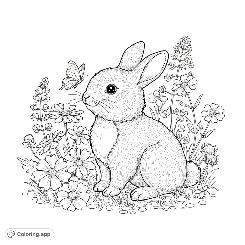 An adorable rabbit sits among blooming flowers, with a delicate butterfly fluttering nearby. A charming nature scene perfect for a relaxing coloring experience.