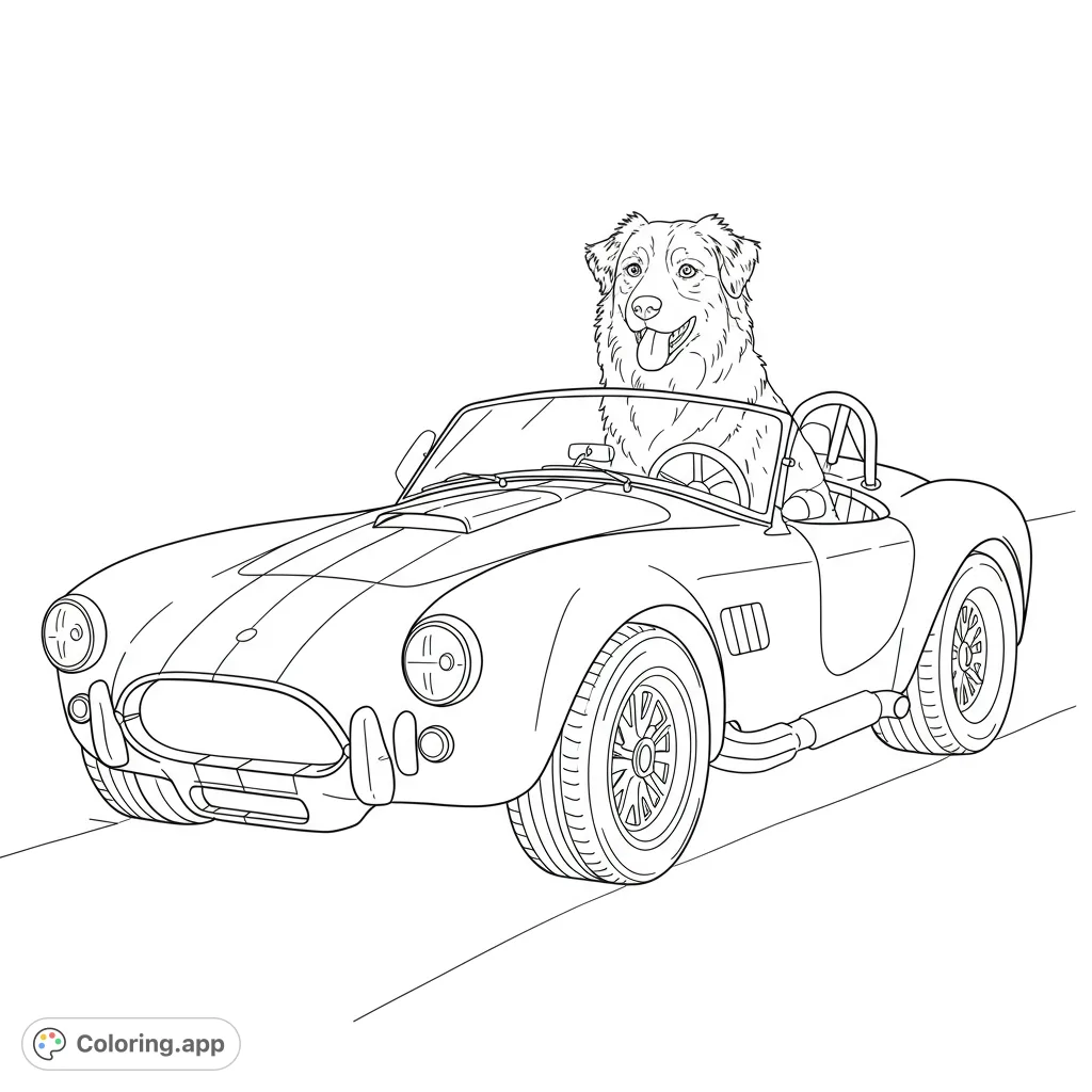 A joyful dog takes the wheel of a sleek classic convertible. Perfect for car enthusiasts and pet lovers, this free printable coloring page offers fun for all ages.