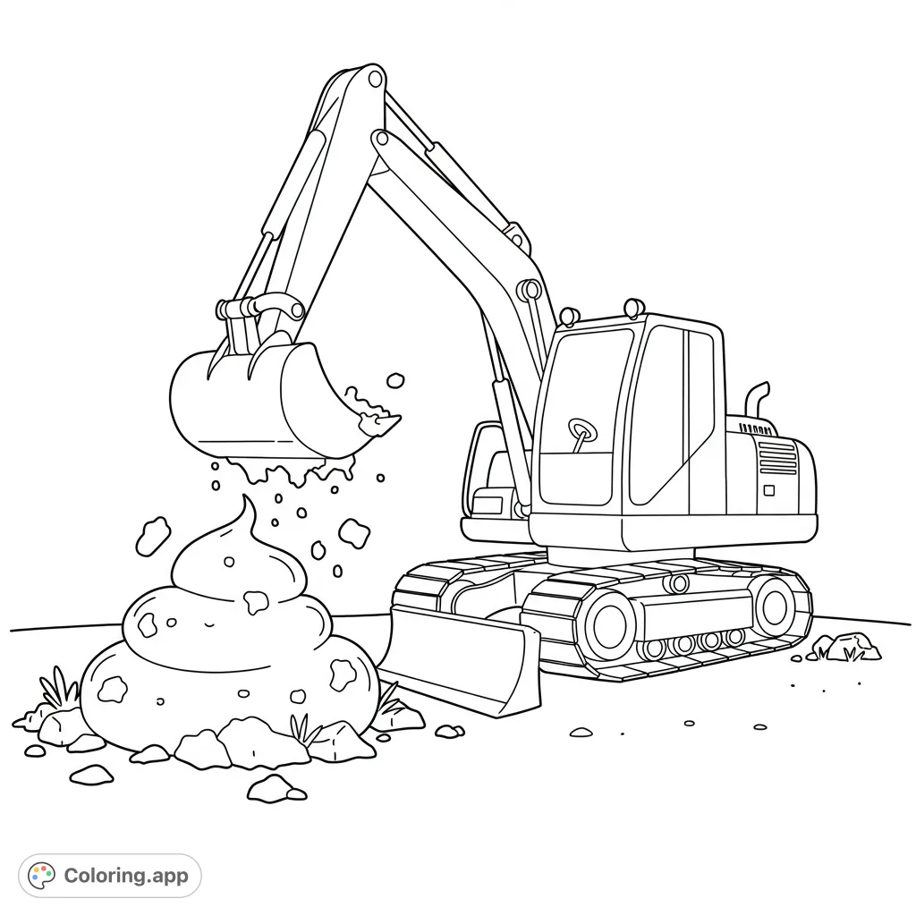 A powerful excavator with its bucket lowered, moving a large mound of earth. Perfect for construction vehicle fans and free printable coloring page fun!