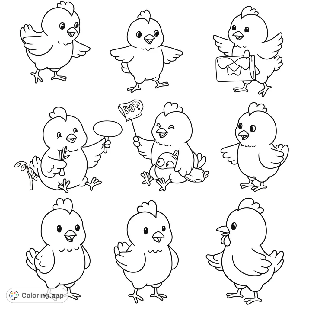 Discover nine charming baby chicks in various playful poses, perfect for a delightful and easy coloring experience. A free printable chick coloring page for kids.