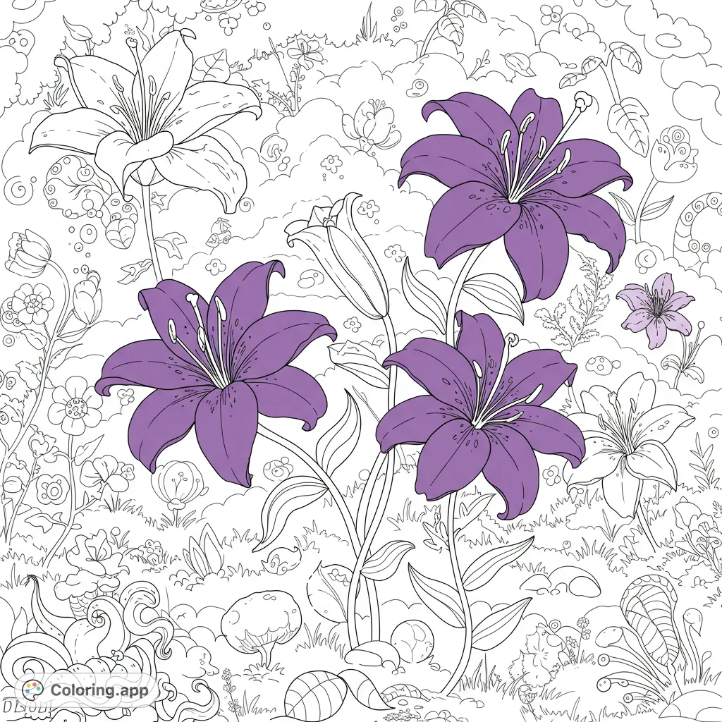 Discover a beautiful lily garden coloring page with intricate flowers and lush botanical details. A free printable nature scene for all ages.