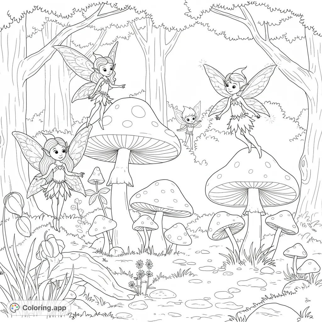 Enchanting fairy forest scene with whimsical fairies on spotted mushrooms, surrounded by magical trees and flowers. A free printable fantasy coloring page for kids and adults.
