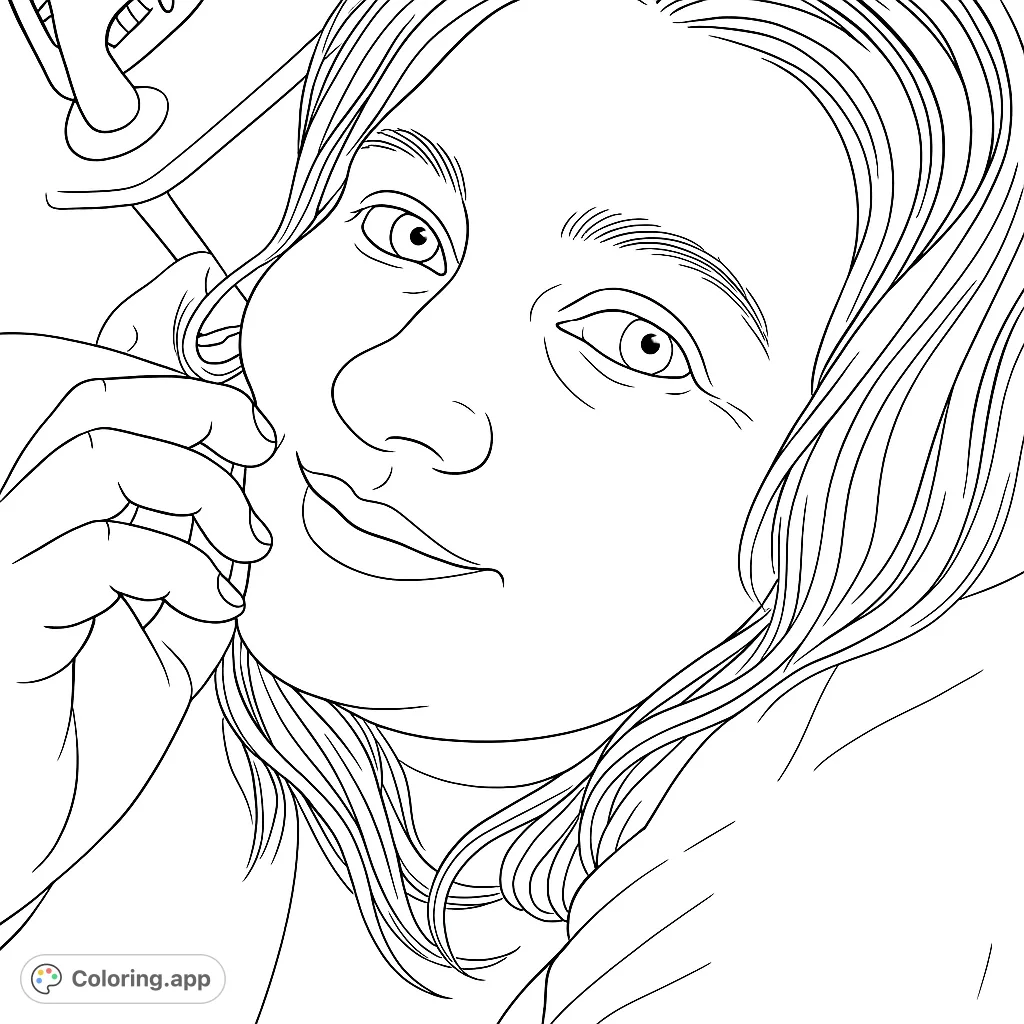 A captivating portrait coloring page featuring a person with flowing hair and a gentle expression, perfect for creative relaxation and artistic exploration.