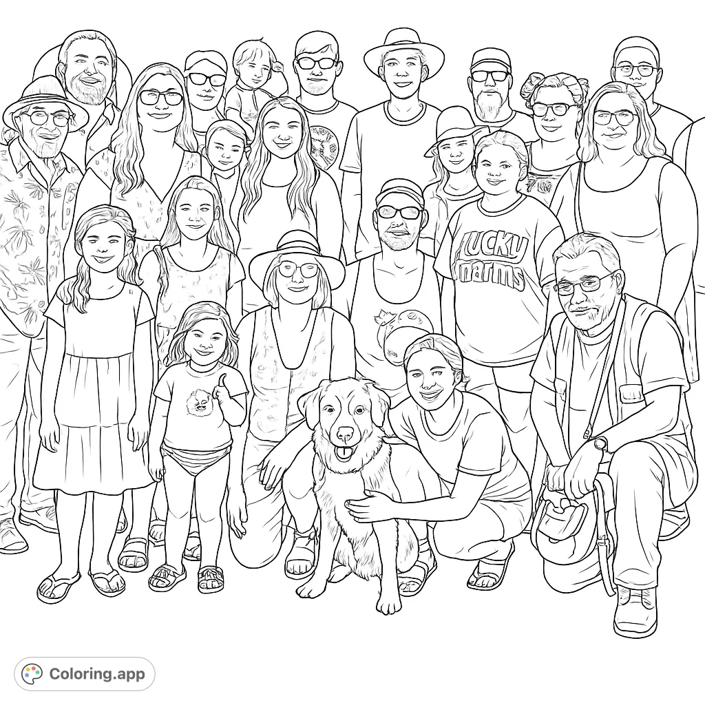A heartwarming family gathering coloring page featuring a diverse group of people of all ages and a friendly dog, perfect for personalizing.