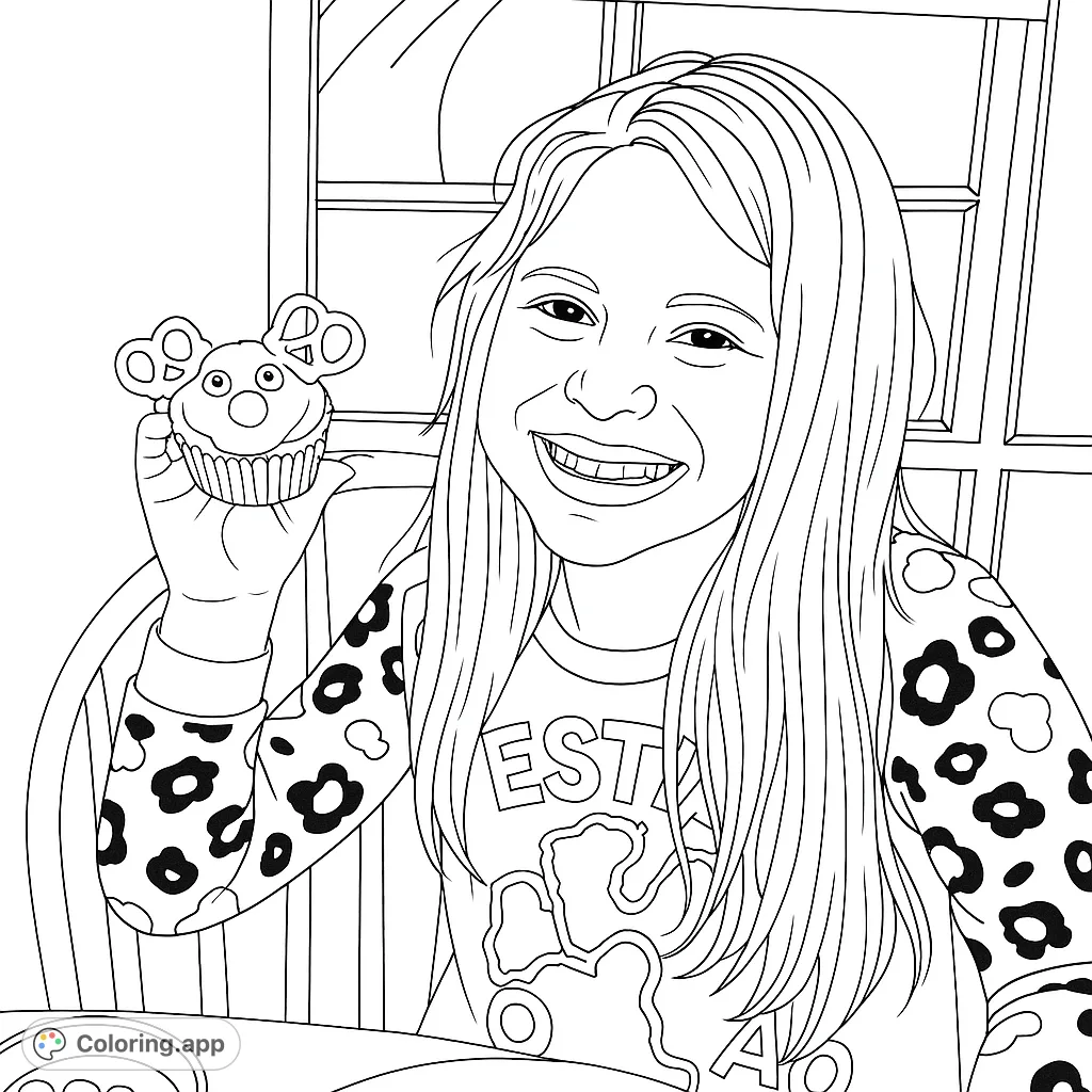 A joyful girl with a wide smile holds a whimsical character cupcake, perfect for a happy coloring page. Features a patterned shirt and window background.