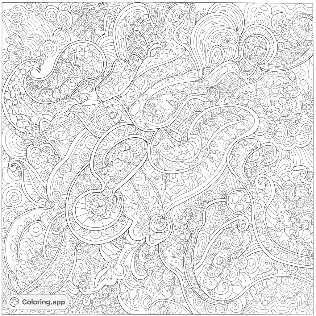 Complex abstract pattern with swirling lines and intricate details, perfect for mindful coloring and stress relief.