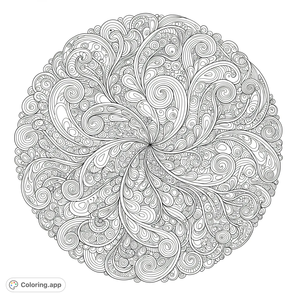 Dive into a mesmerizing intricate mandala coloring page featuring swirling organic patterns and detailed designs. A free printable coloring page for adults and teens.