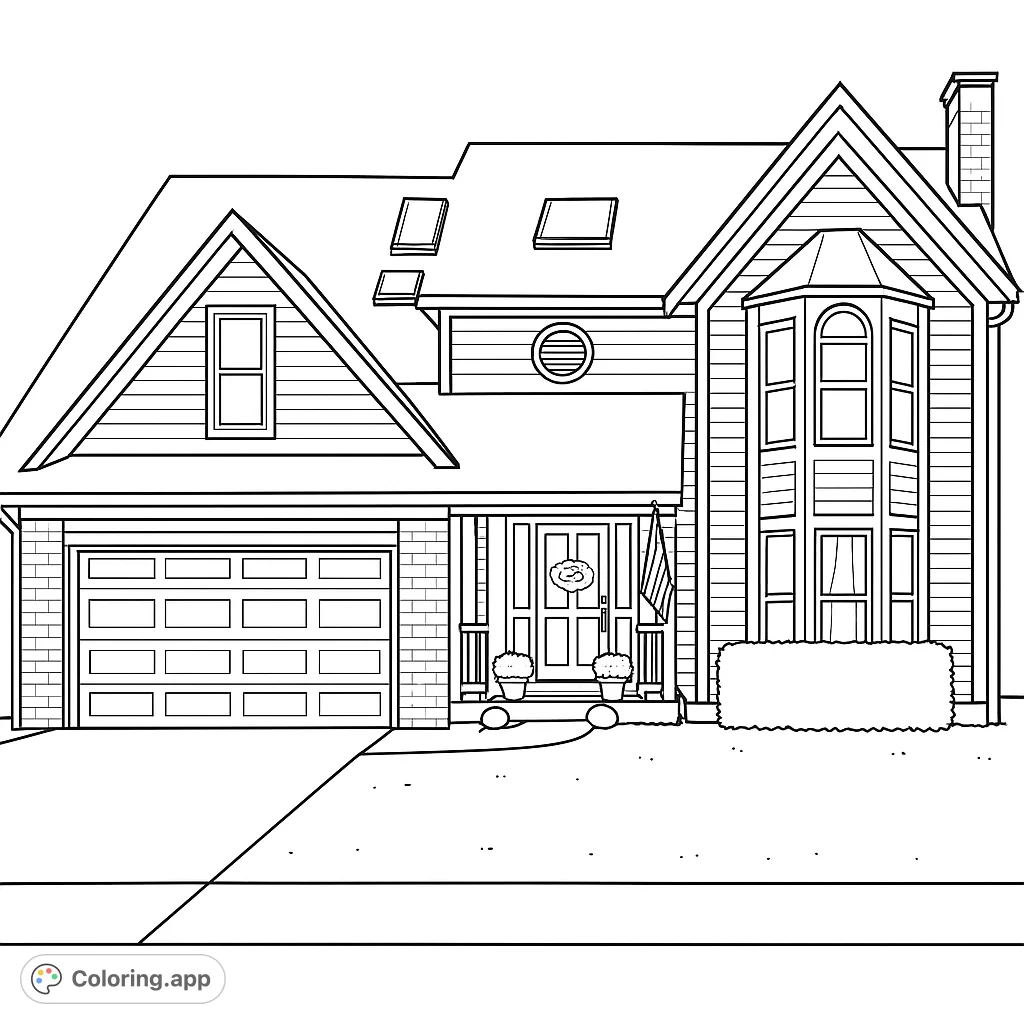 A charming suburban house coloring page featuring a garage, bay window, and detailed architectural elements. Perfect for all ages to personalize.