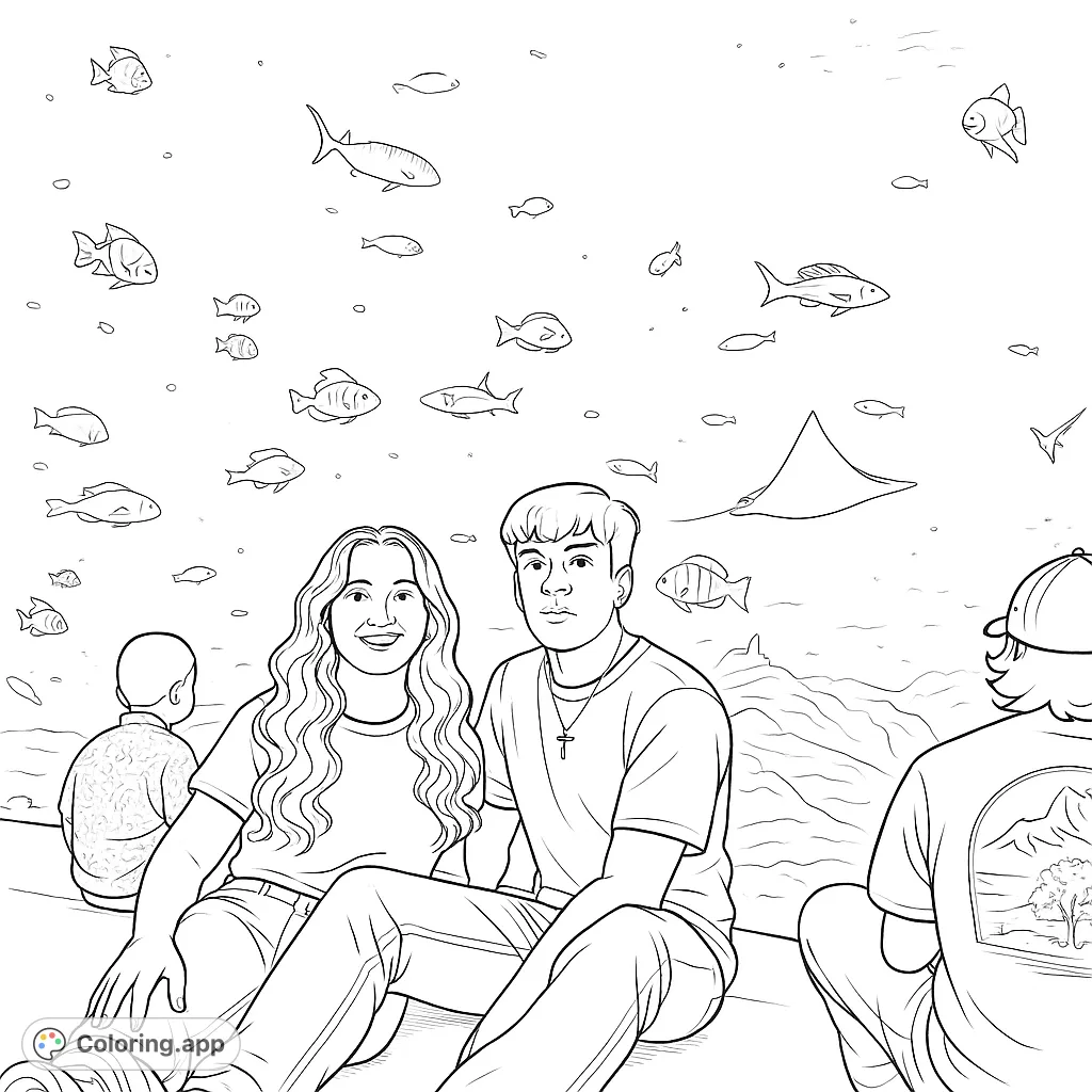 A family enjoys a vibrant aquarium, observing diverse fish and a majestic manta ray. Perfect for an engaging underwater adventure coloring page.