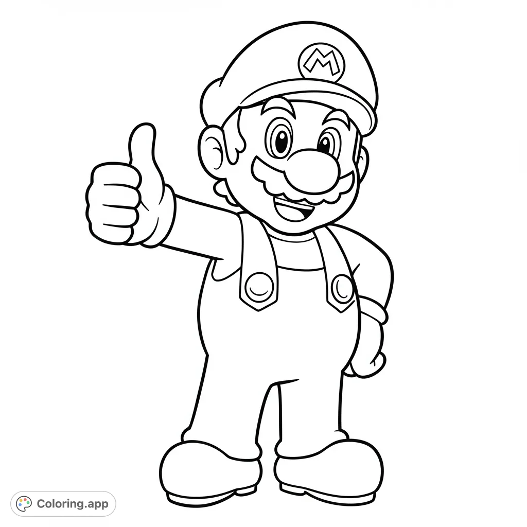 A cheerful Mario gives a thumbs-up in this iconic Super Mario coloring page. Perfect for fans of all ages to bring to life with vibrant colors!