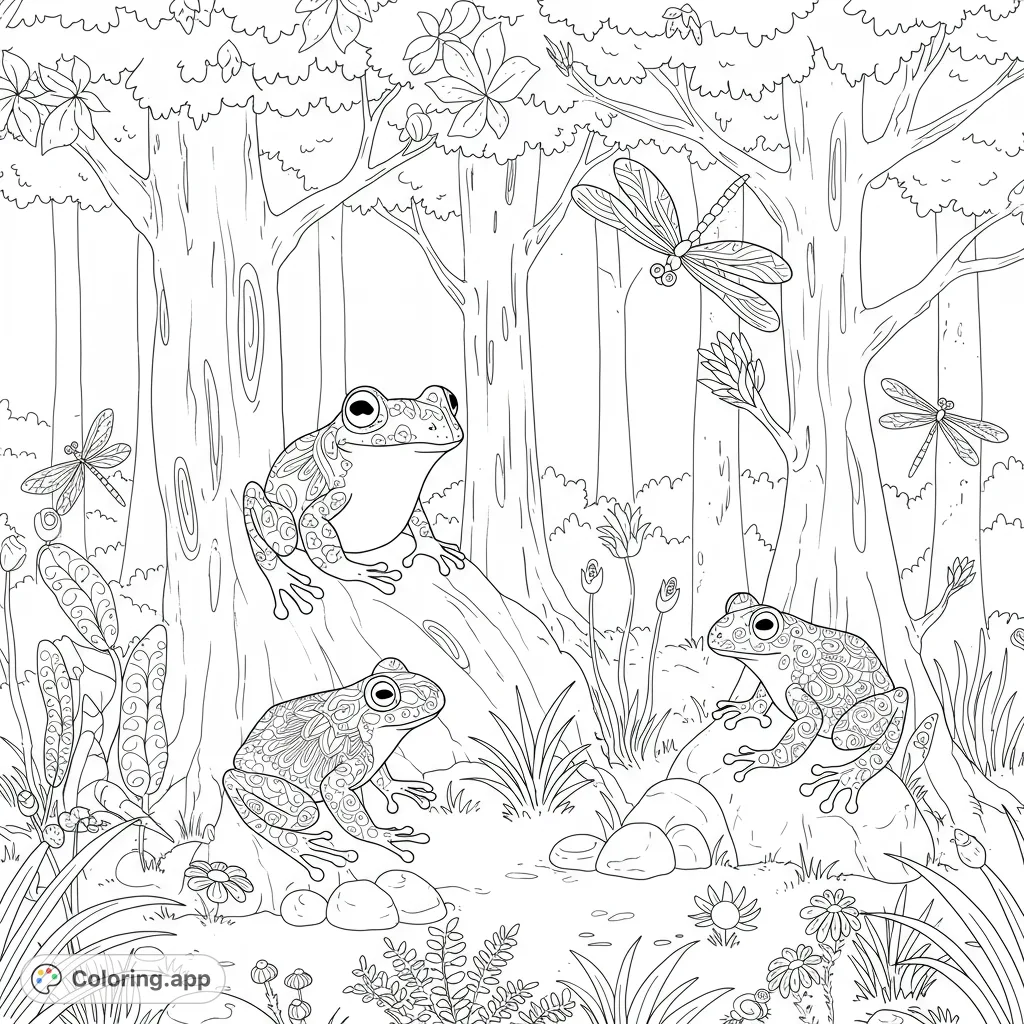Explore a detailed forest frog coloring page featuring three intricately patterned frogs and two dragonflies amidst lush trees and plants. A free printable nature coloring page.
