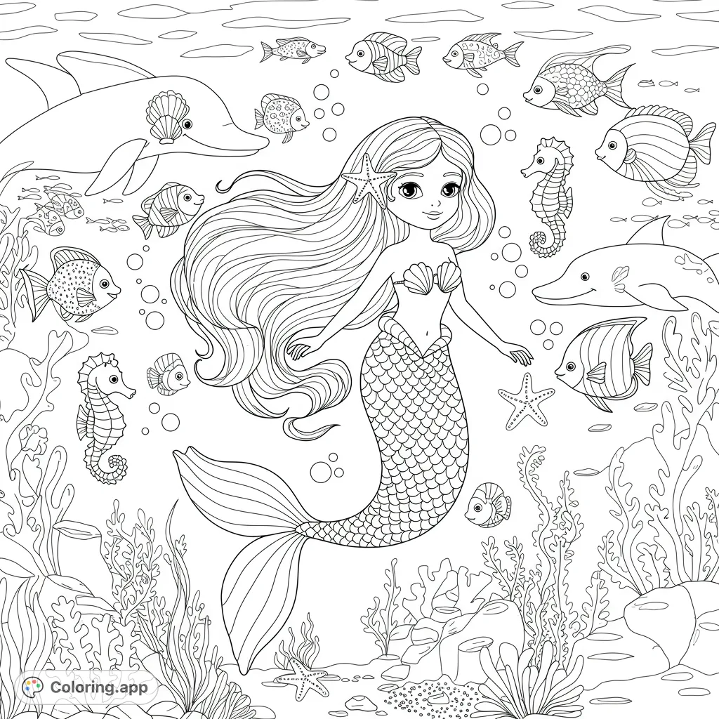 Dive into an enchanting undersea world with a beautiful mermaid, playful dolphins, and a variety of friendly fish, perfect for a magical coloring escape.