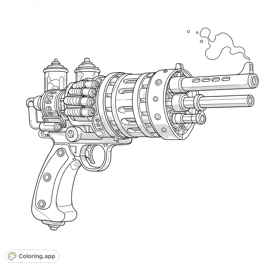 An intricate steampunk gatling blaster coloring page, featuring multiple barrels, gears, and steam details for creative coloring.