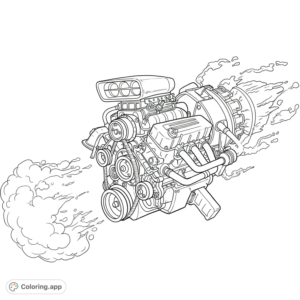 Unleash your creativity with this high-performance engine coloring page, featuring a supercharger, jet thruster, and dynamic flames. A free printable coloring page for enthusiasts.