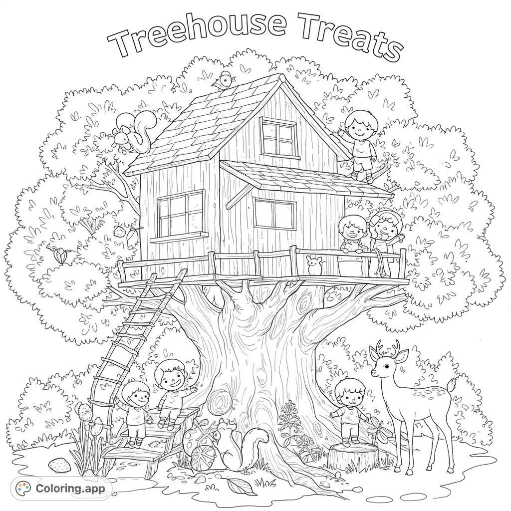 A delightful treehouse adventure coloring page featuring playful children and forest animals, perfect for a free printable nature scene.