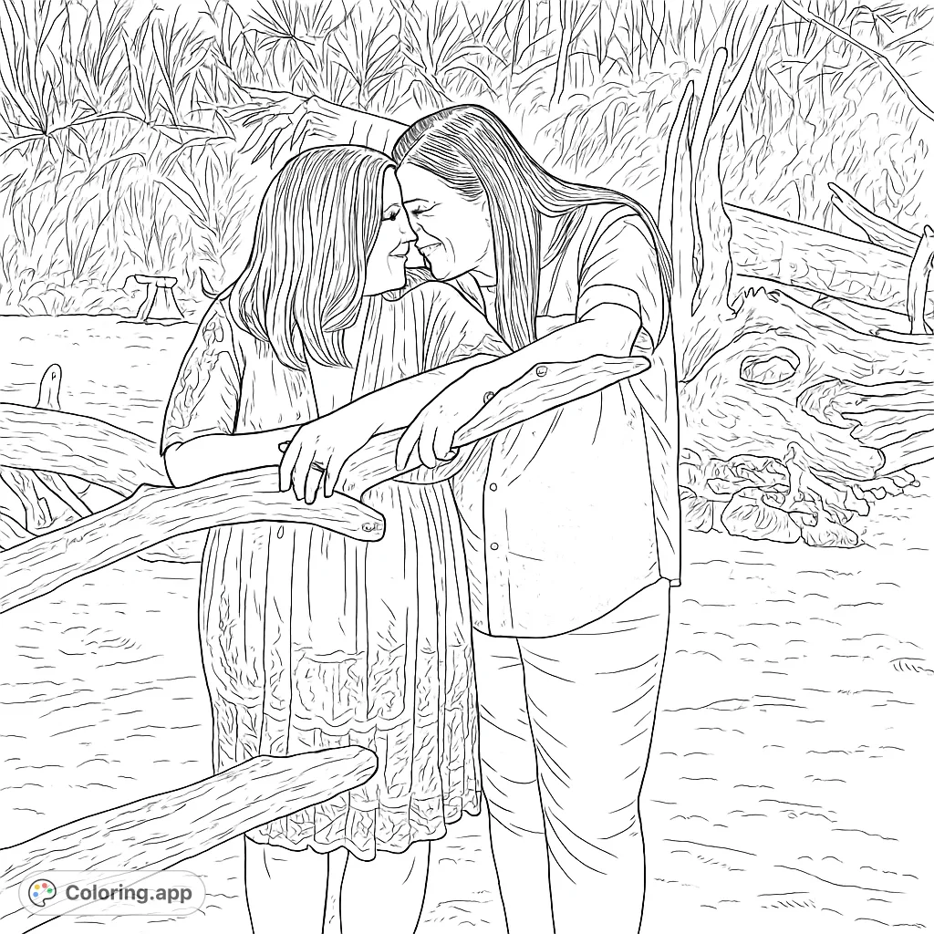 A heartwarming couple's embrace by rustic logs, set against a lush natural backdrop. Perfect for celebrating love and connection.