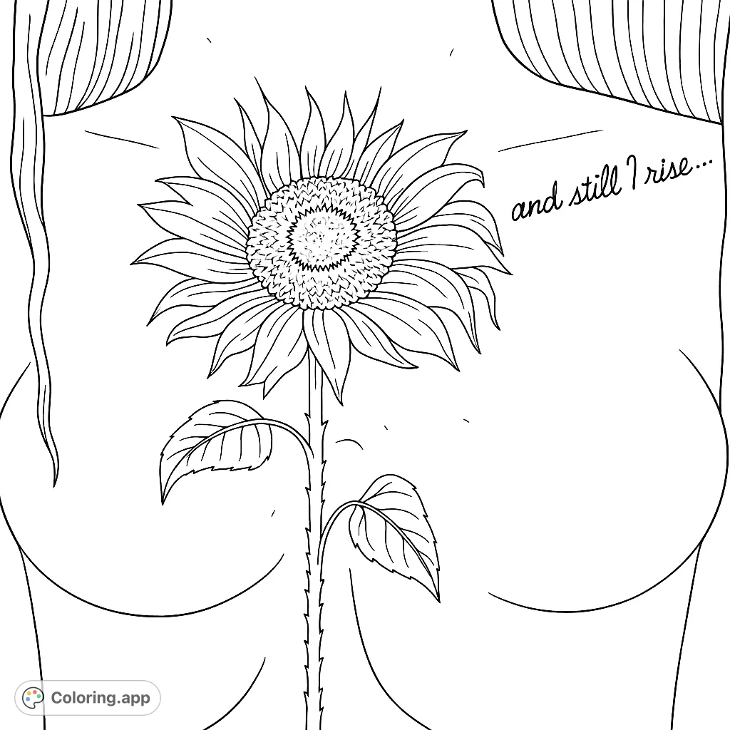 A detailed sunflower blooming from a human torso, symbolizing growth and resilience. A free printable coloring page for all ages.
