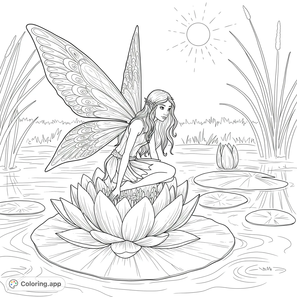 A beautiful fairy kneels on a large water lily in a serene pond, surrounded by lily pads and tall reeds under a gentle sun. Perfect for fantasy lovers!
