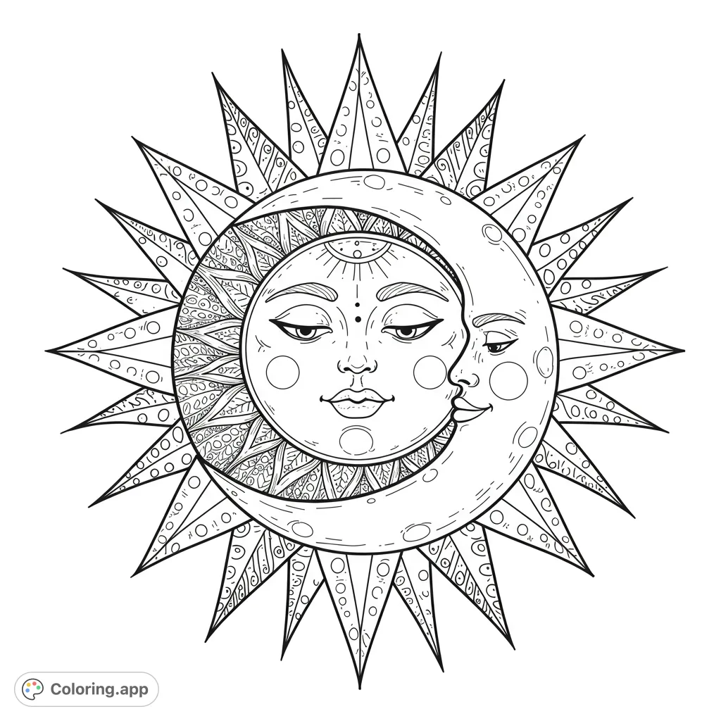 A mystical celestial sun and moon embrace, surrounded by intricate patterned rays. A free printable sun and moon coloring page for kids and adults.