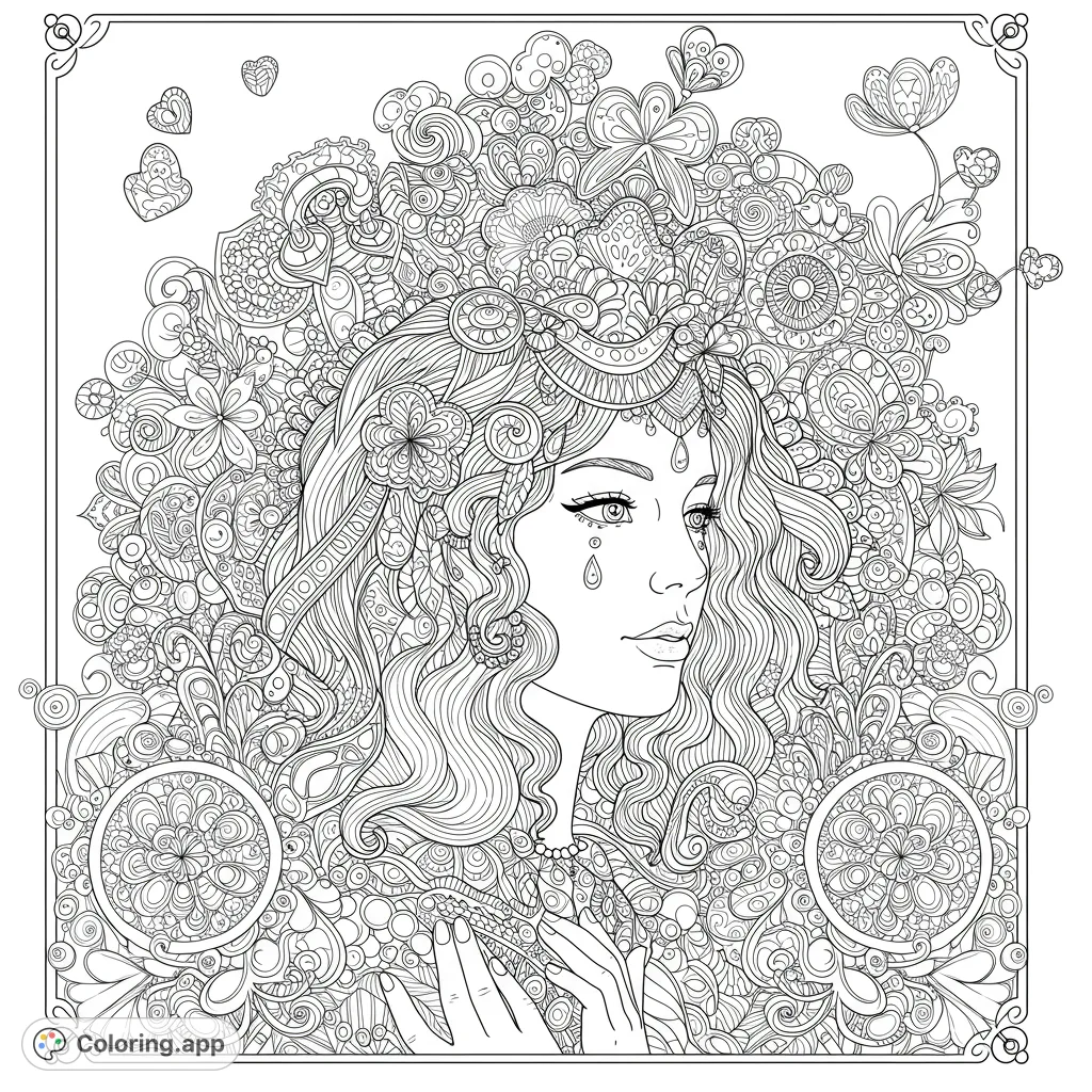 Intricate portrait of an enchanted maiden surrounded by a lush explosion of detailed flowers and swirling patterns. A captivating fantasy coloring page.