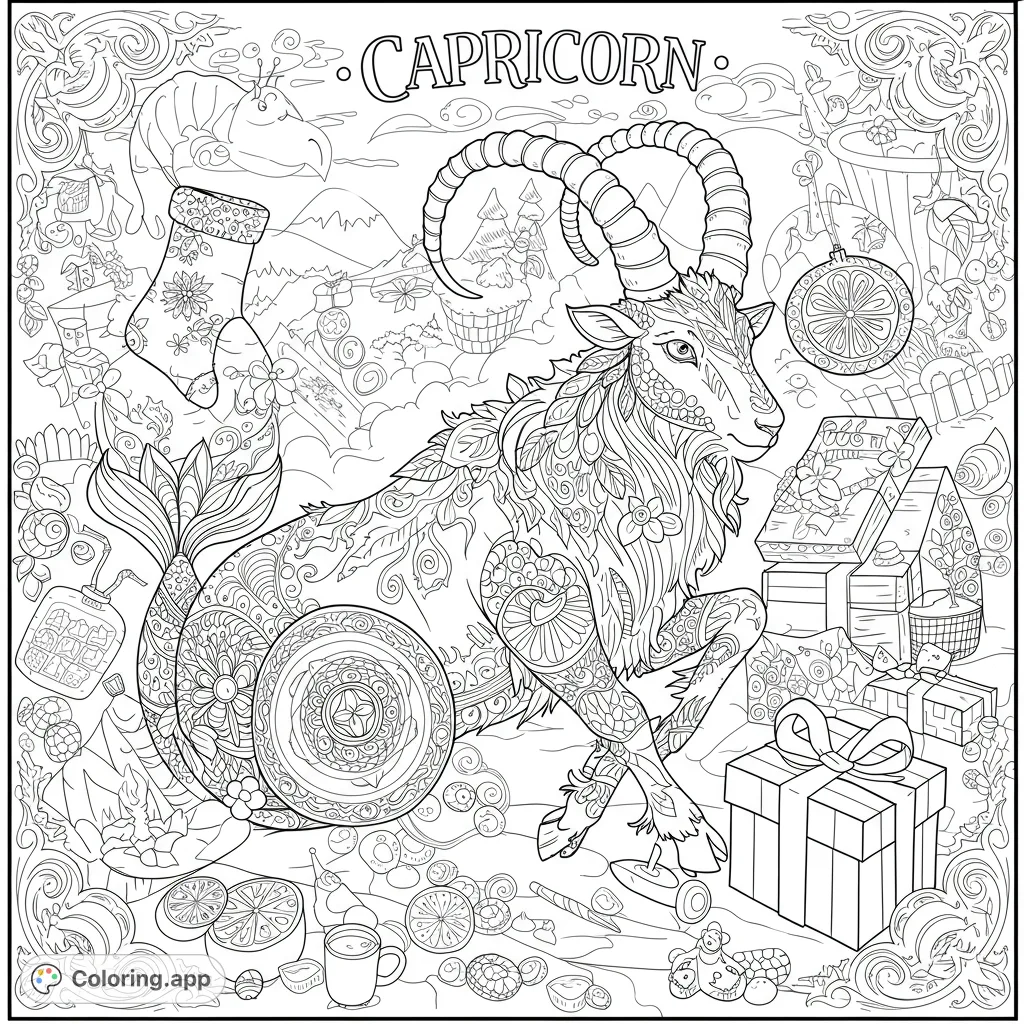 An intricate Capricorn zodiac coloring page featuring a majestic sea-goat with detailed patterns, surrounded by festive gifts and whimsical elements. Perfect for adults.