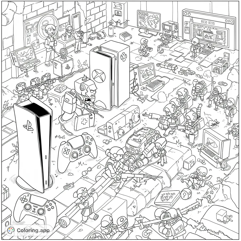 An action-packed gaming console battle scene with tiny warriors, robots, and tech gadgets. A free printable tech war coloring page for all ages.