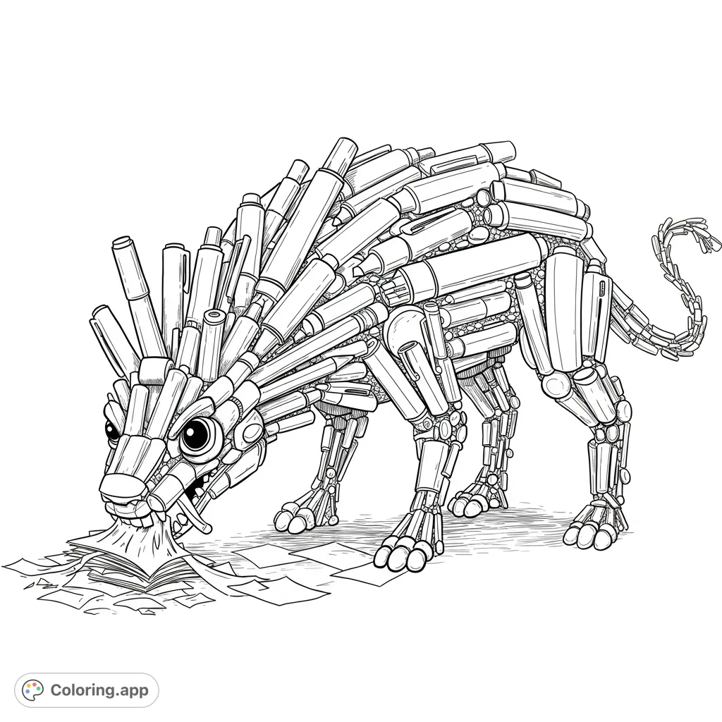 A unique pen monster coloring page, intricately detailed, devouring books and paper. A free printable coloring page for creative minds.