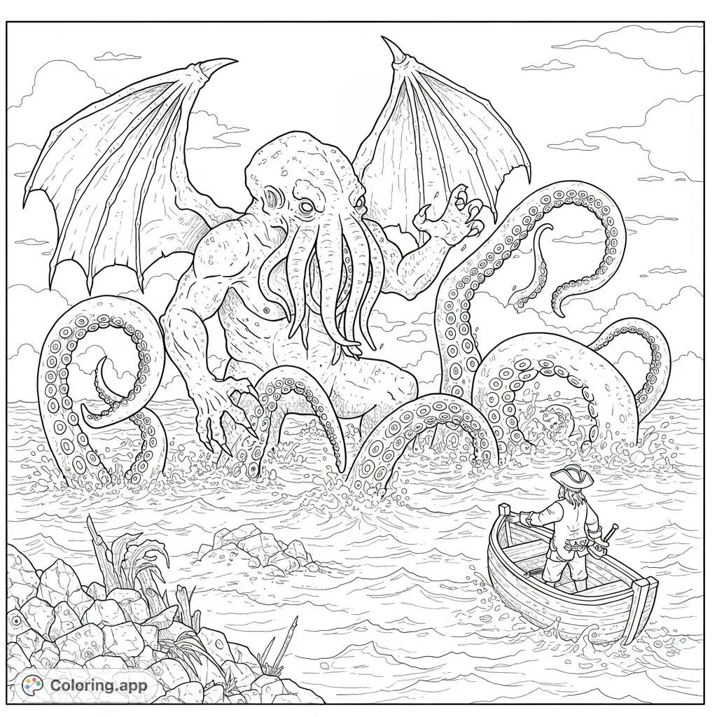 Epic Cthulhu coloring page featuring the colossal sea monster emerging from the ocean, confronting a lone pirate in a rowboat. A thrilling fantasy scene.