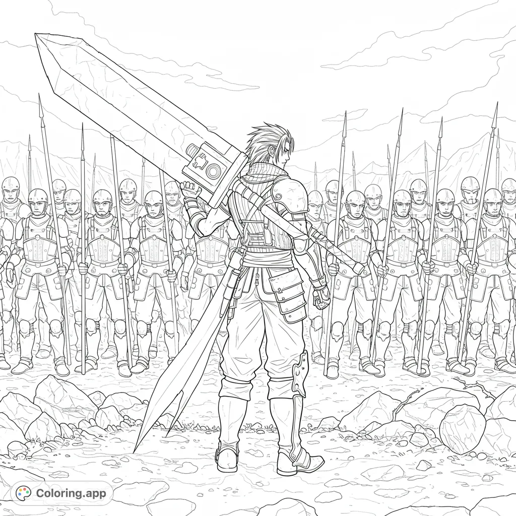 An epic fantasy warrior with a massive sword stands before an armored legion. A powerful, free printable fantasy warrior coloring page for all ages.