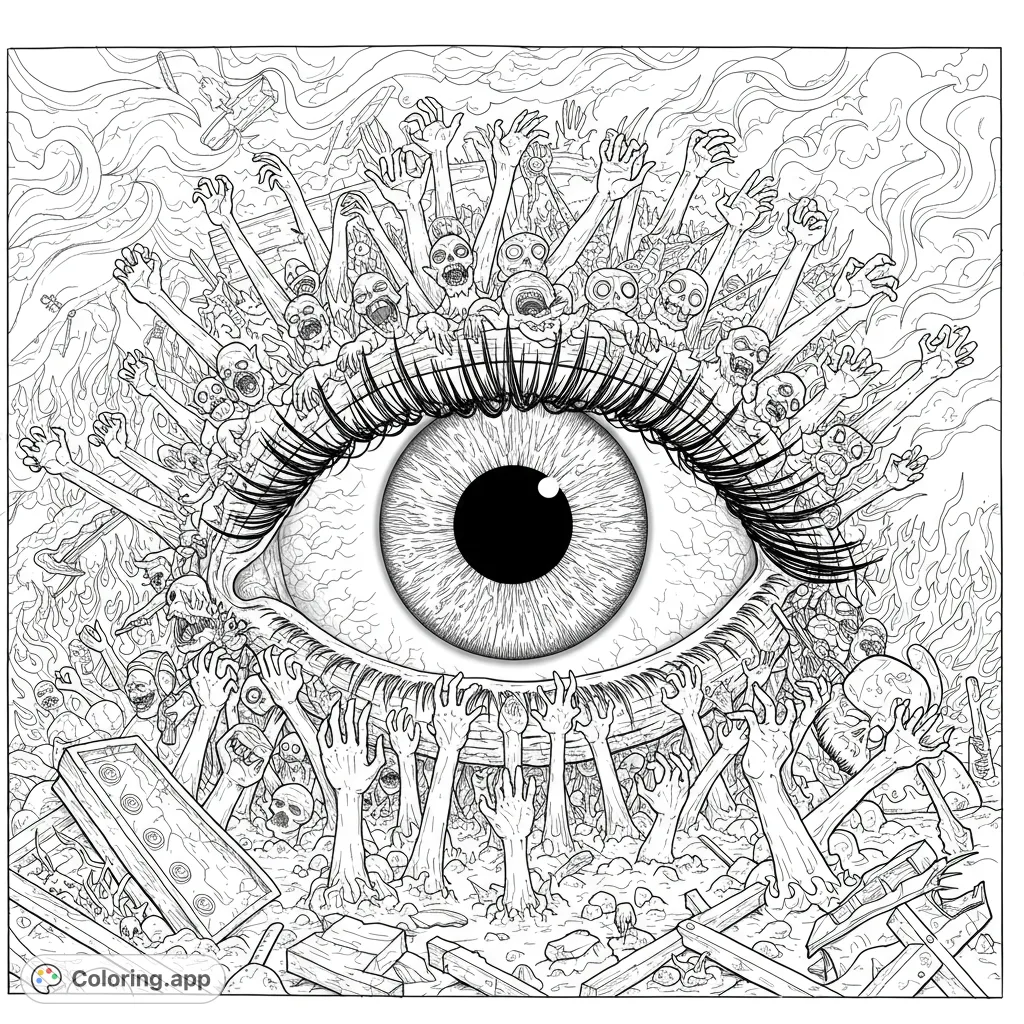 Intense horror eye coloring page with a horde of reaching zombies and fiery chaos. Free printable for adults and mature teens.