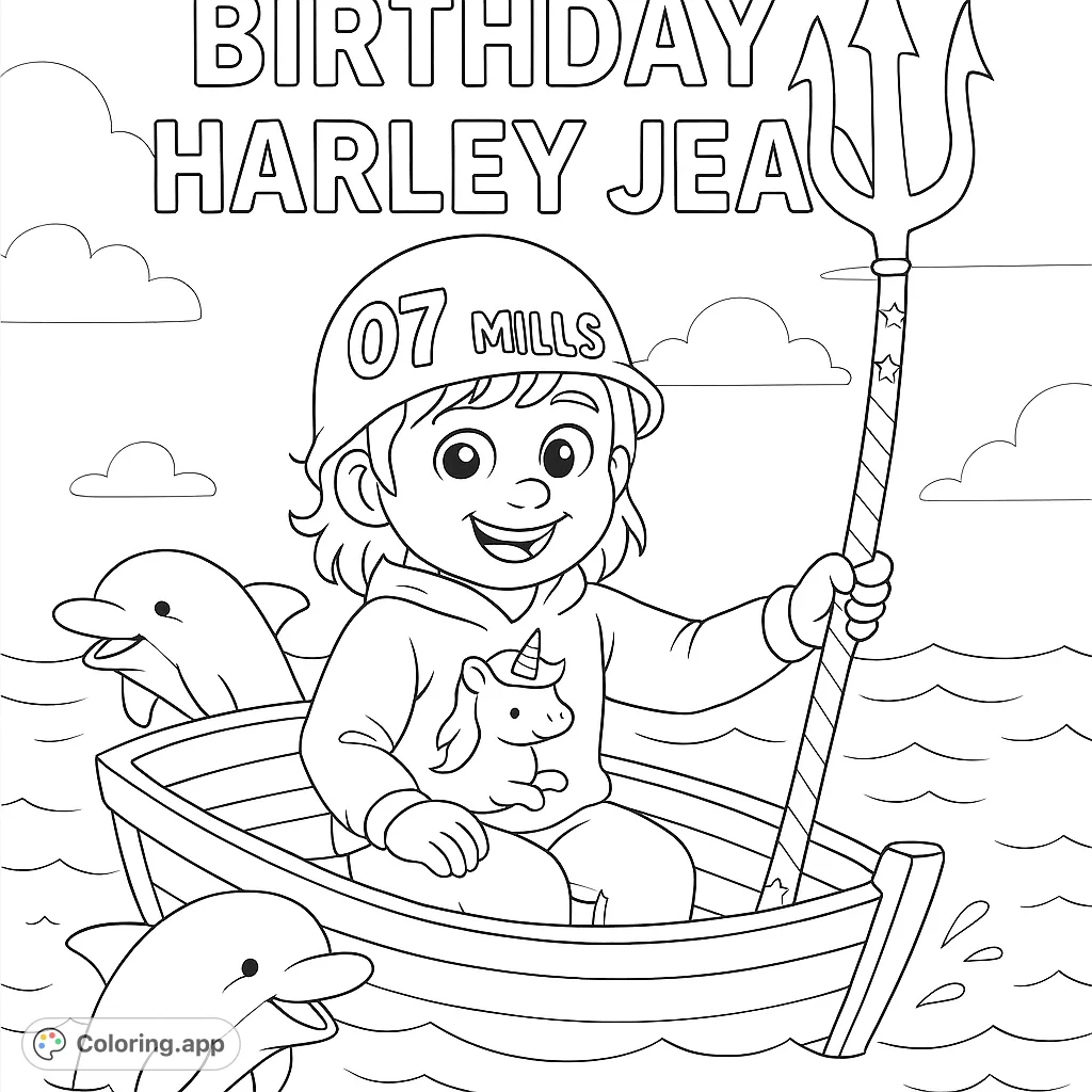 Dive into a delightful ocean adventure coloring page featuring a happy child in a boat with playful dolphins and a magical trident. Free printable fun!
