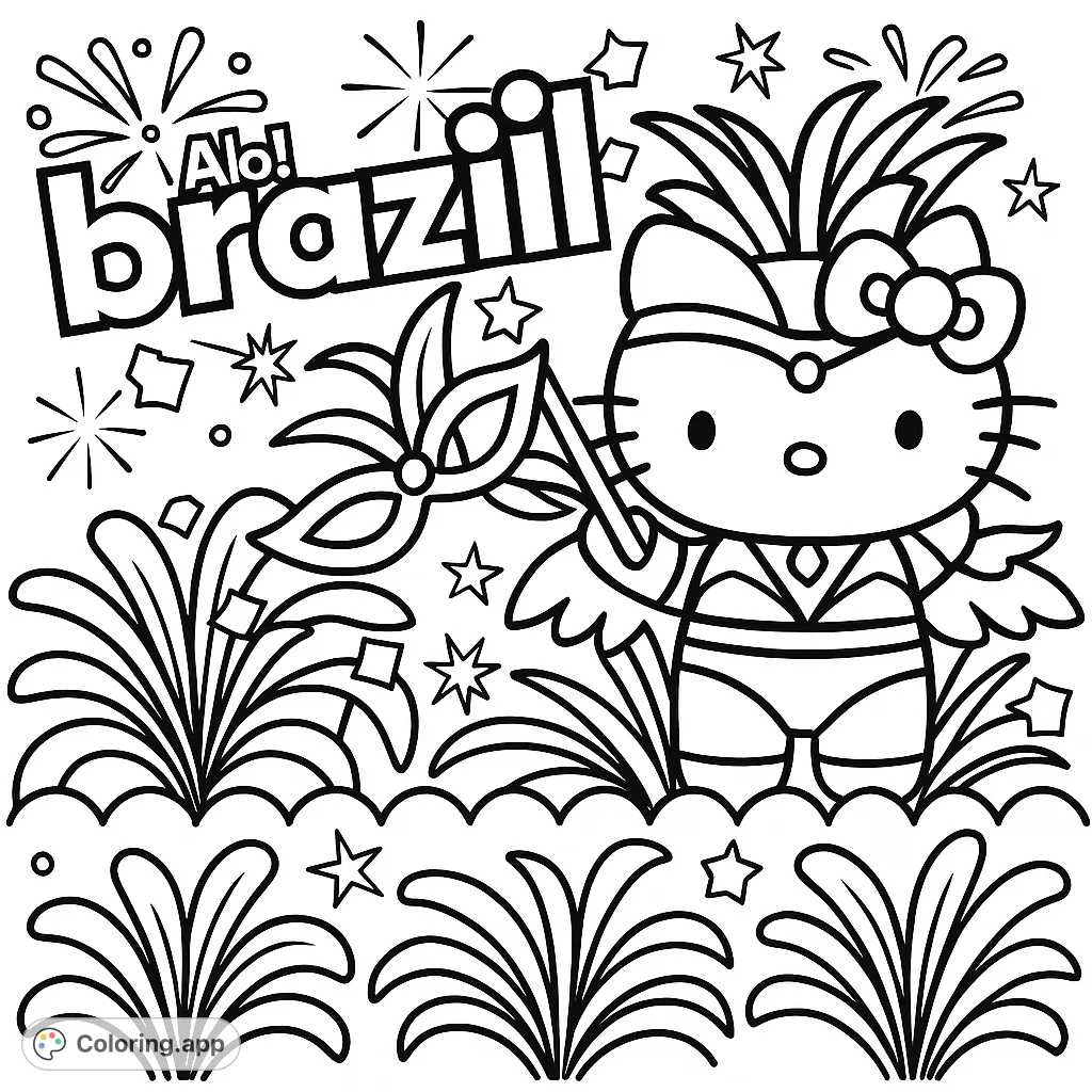 A festive Brazil carnival coloring page featuring a cheerful cat-like character in a vibrant costume, surrounded by fireworks and stars. Free printable fun!