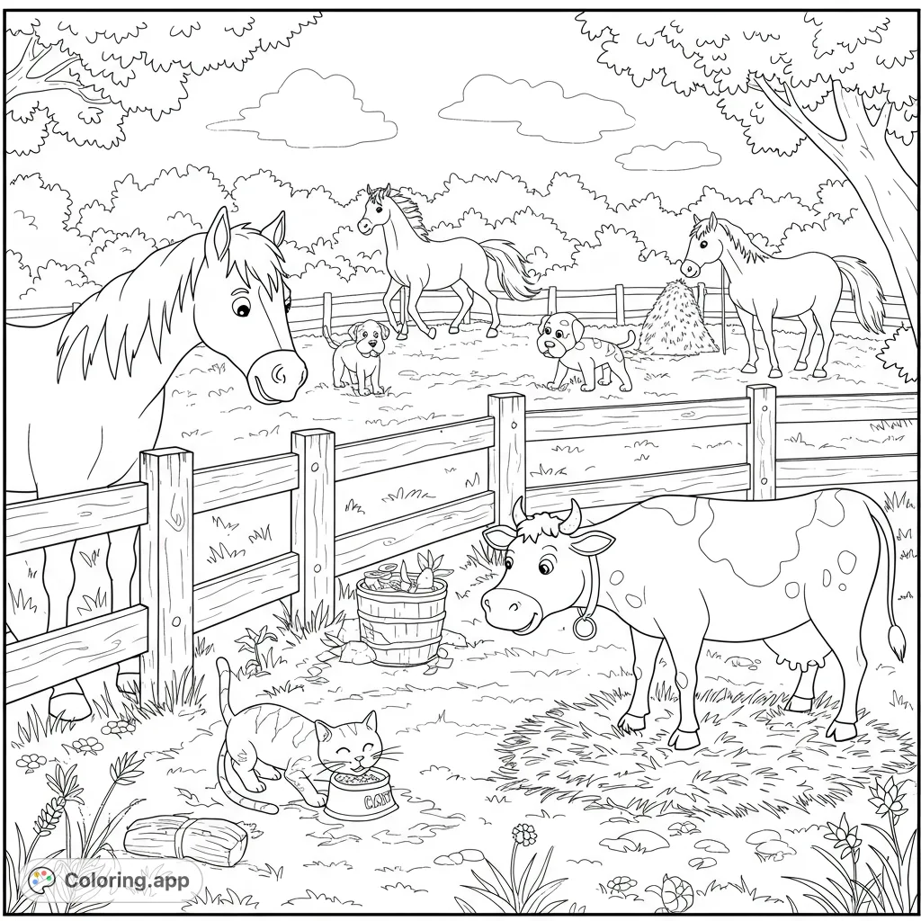 A charming farm scene coloring page featuring a horse, cow, cat, puppies, and more. Perfect for animal lovers to bring to life with vibrant colors!