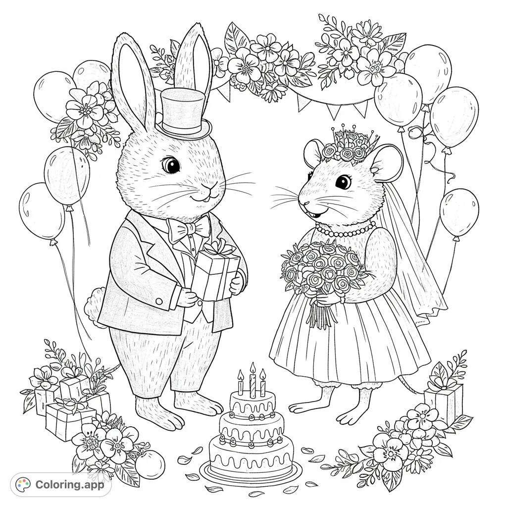 An adorable bunny and mouse wedding scene with a tiered cake, gifts, and a floral arch. A charming celebration free printable coloring page for all ages.