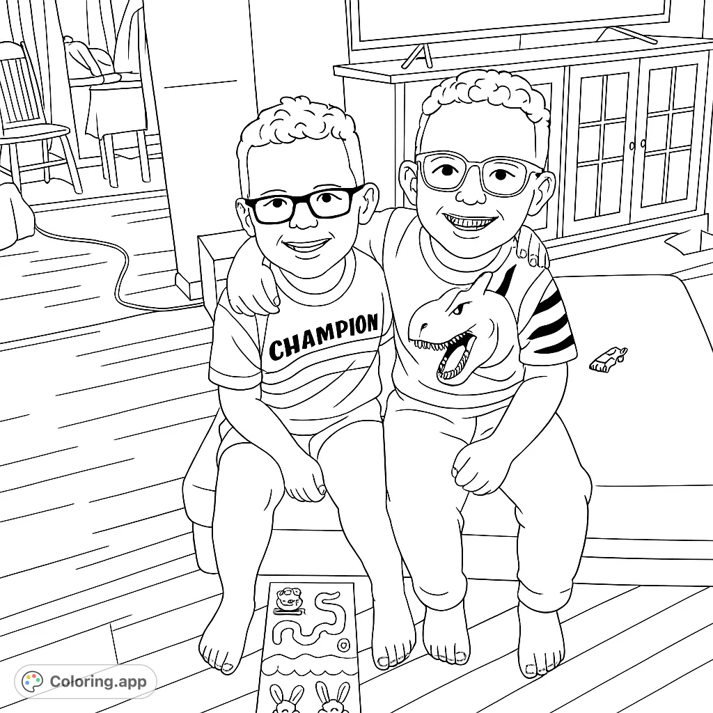 A heartwarming free printable boys coloring page featuring two smiling boys with glasses, one in a dinosaur shirt, sitting together in a cozy room.