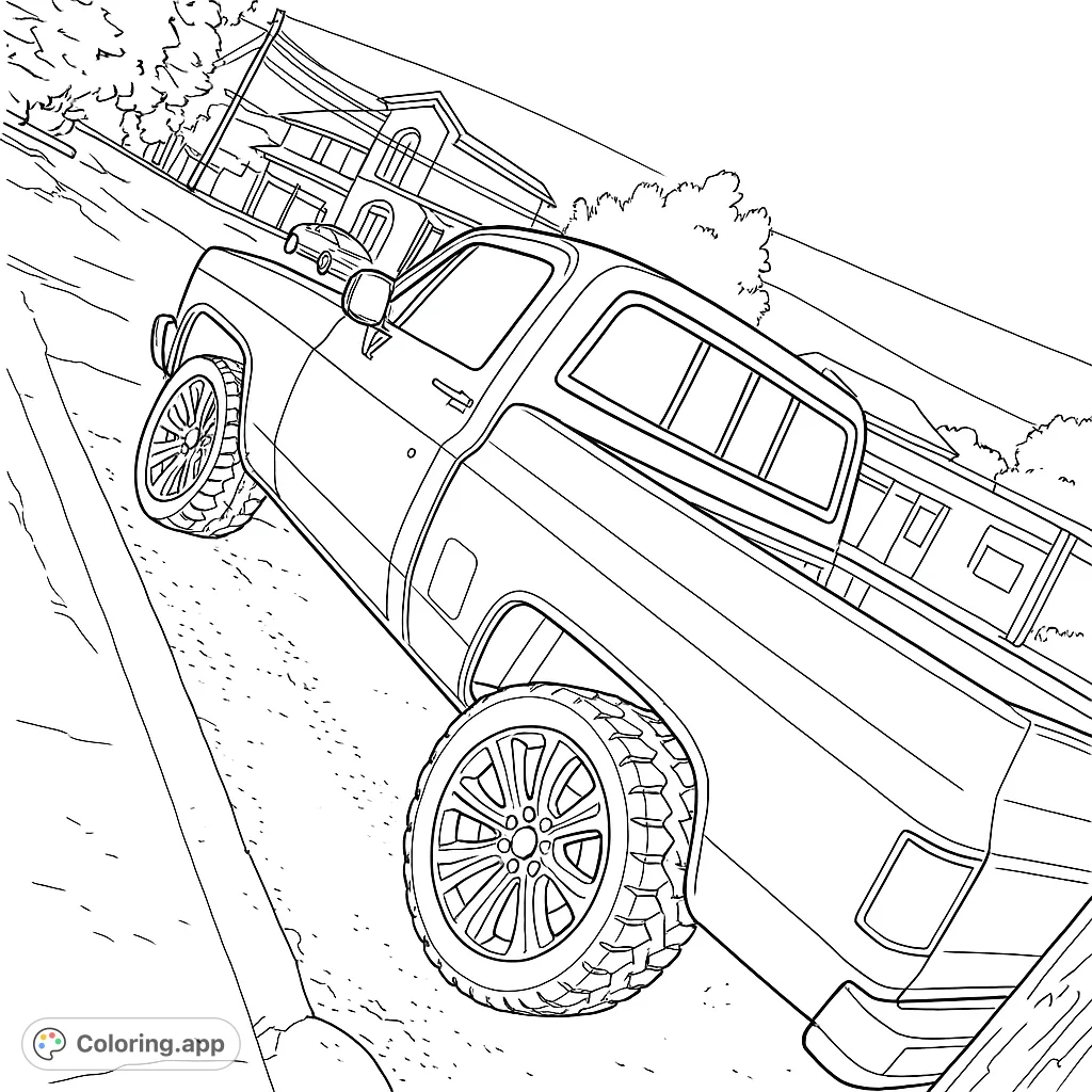 Detailed classic pickup truck on a street, perfect for vehicle enthusiasts. Free printable truck coloring page for all ages.