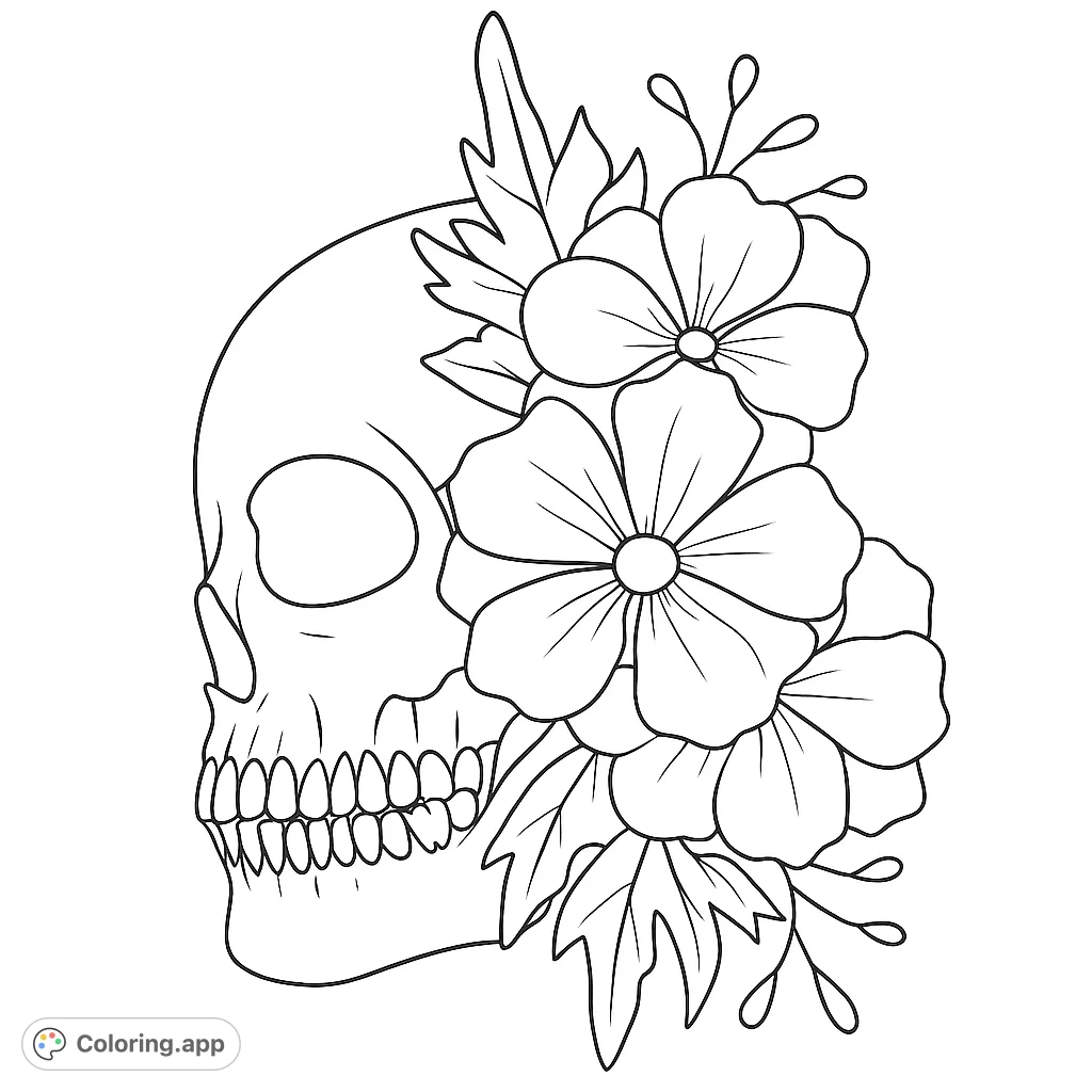 A striking skull adorned with beautiful, intricate flowers and leaves, perfect for a unique and expressive coloring experience.