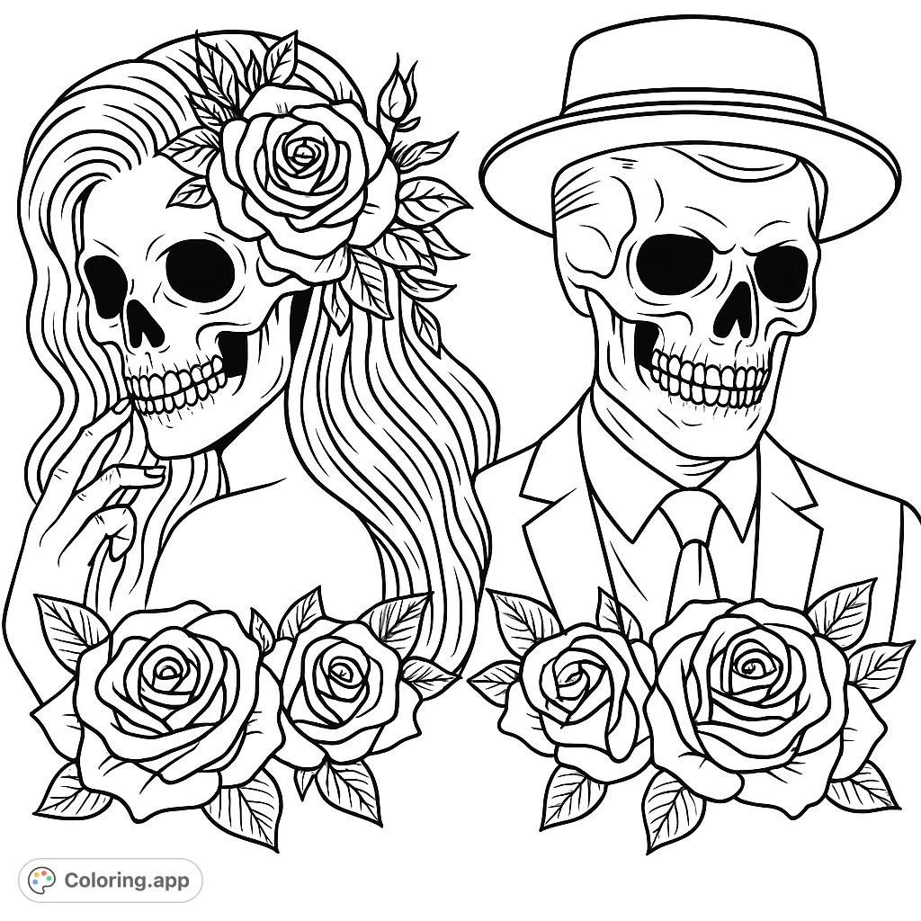 A unique Day of the Dead coloring page featuring a romantic skeleton couple adorned with intricate roses. Perfect for adults and teens.
