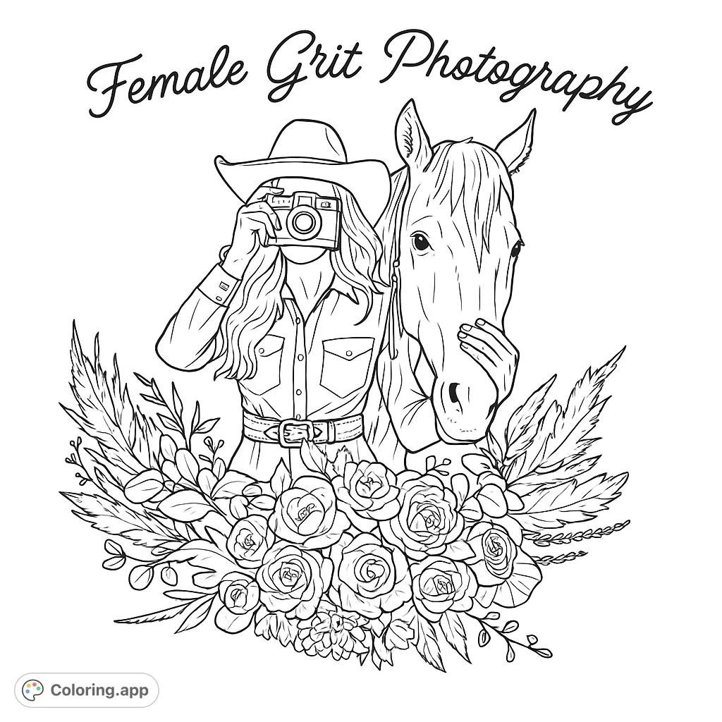 A captivating cowgirl photographer with her horse, surrounded by beautiful roses and foliage. A free printable western-themed coloring page.