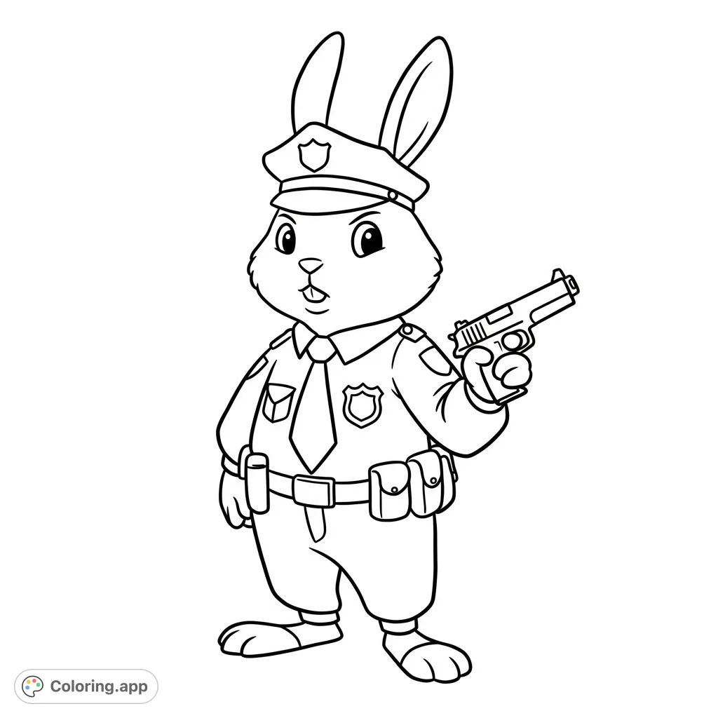 A charming police bunny officer stands ready, pistol in hand, in a detailed uniform. A fun, free printable police bunny coloring page for all ages!