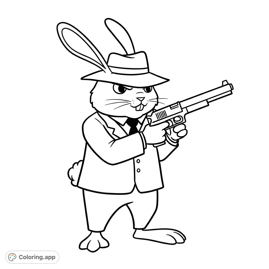 A dapper rabbit in a suit and fedora, holding a pistol. A unique gangster bunny coloring page for a fun, quirky experience.