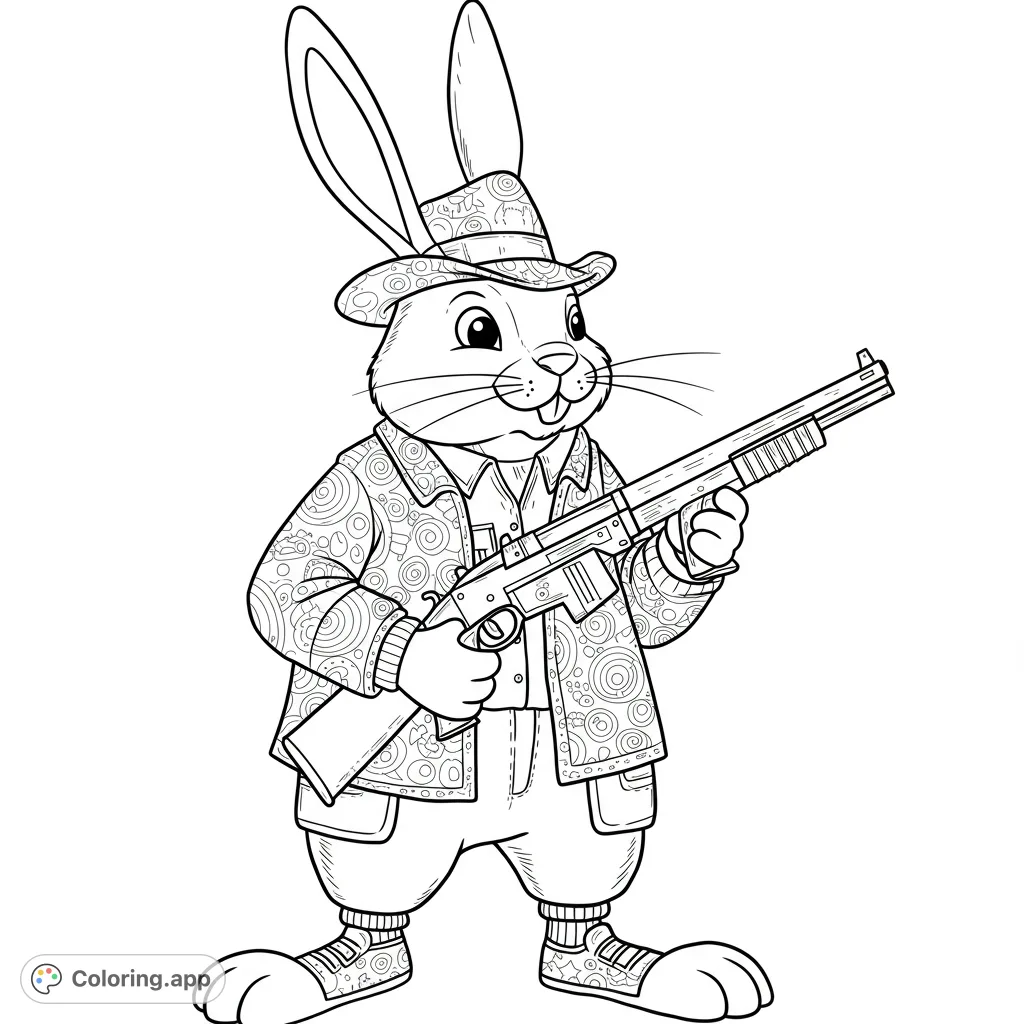 A dapper rabbit in a patterned jacket and fedora, holding a shotgun. A unique, detailed character for a fun coloring experience.