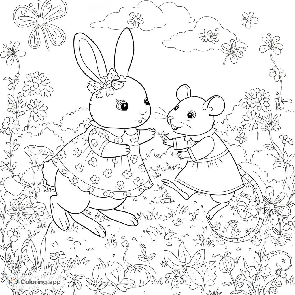 Adorable bunny and mouse in dresses sharing a sweet moment in a vibrant flower garden, a charming free printable animal friends coloring page.