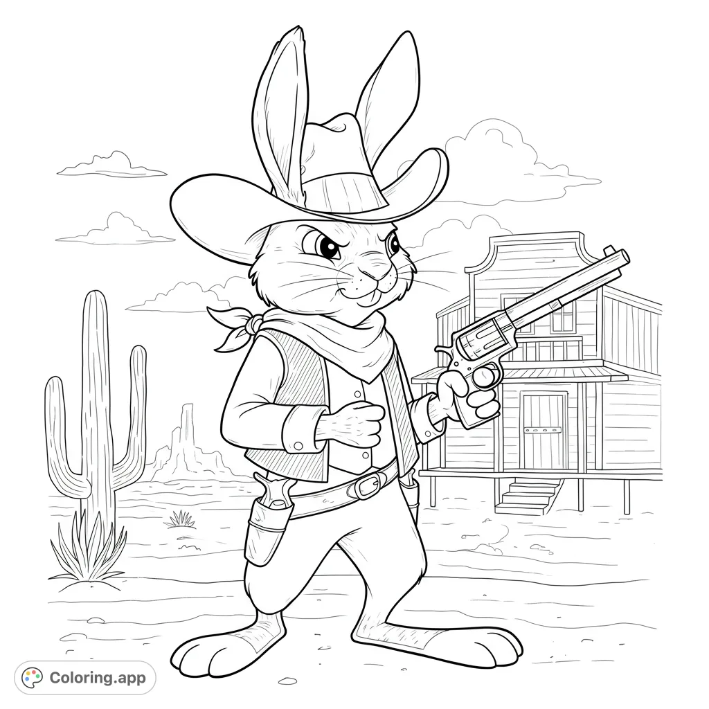 A brave cowboy rabbit with a revolver stands ready in a classic Western town. Perfect for a free printable Western coloring page adventure!