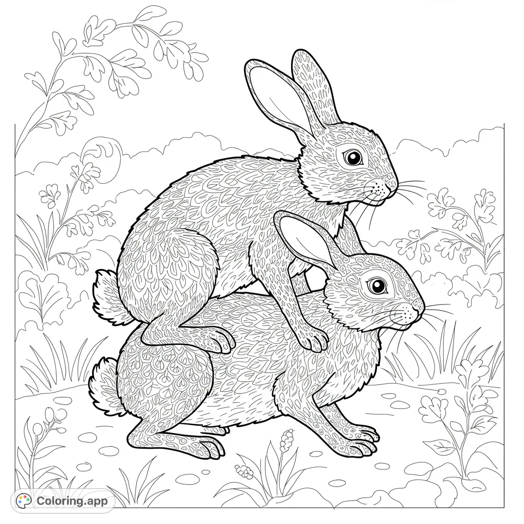 Detailed black and white line drawing of two intricately patterned rabbits stacked in a natural meadow, a free printable rabbit coloring page.