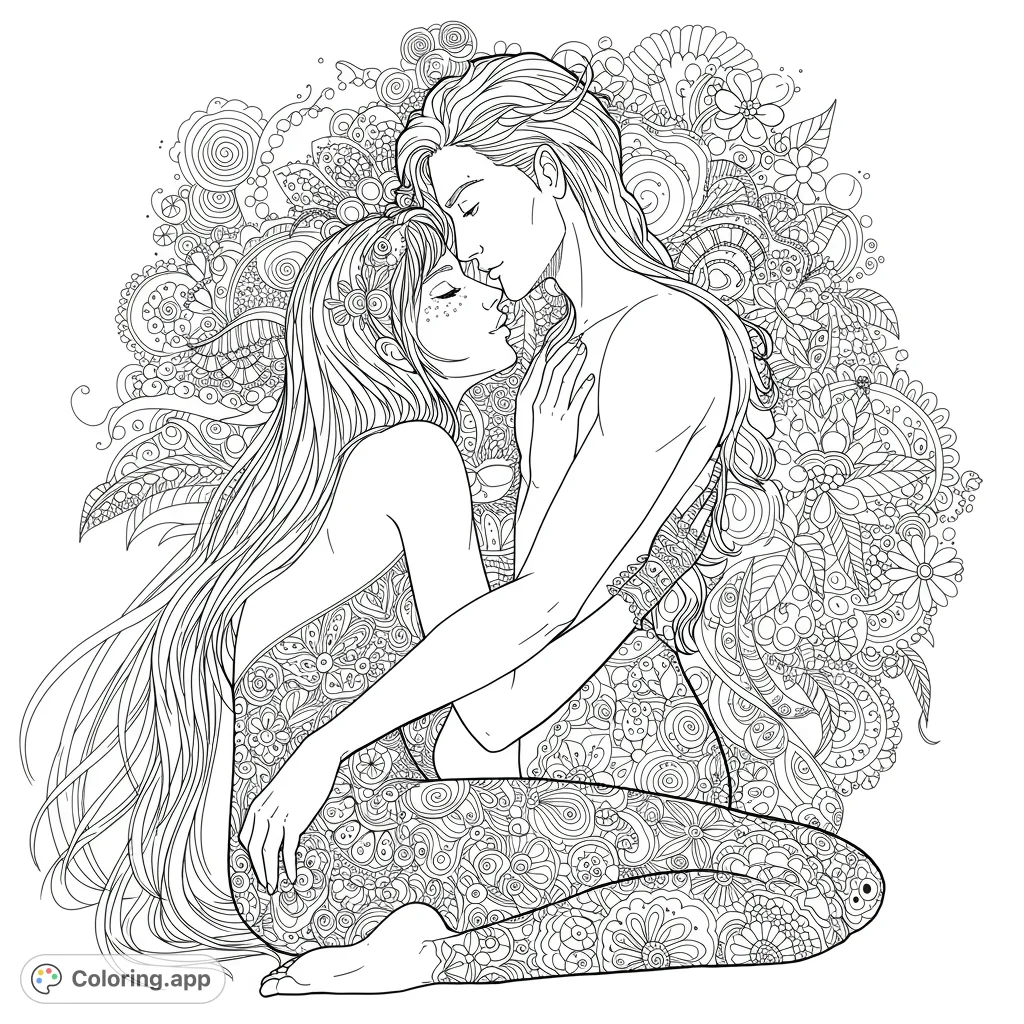 An intricate romantic embrace coloring page featuring a couple surrounded by detailed floral and paisley patterns, perfect for mindful coloring.