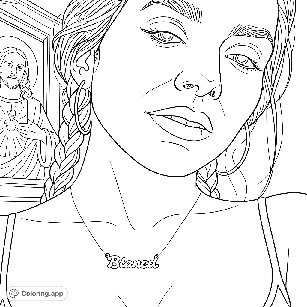 Captivating portrait coloring page featuring a young woman with braided hair and a necklace, set against a background with a sacred heart icon. Free printable coloring page for adults.